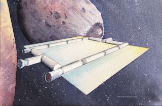 Artist's rendering of a space coach -- a water-powered concept vehicle -- cruising near the Martian moon Phobos. The cylinders are interconnected habitat modules, while the flatter regions are solar arrays. 