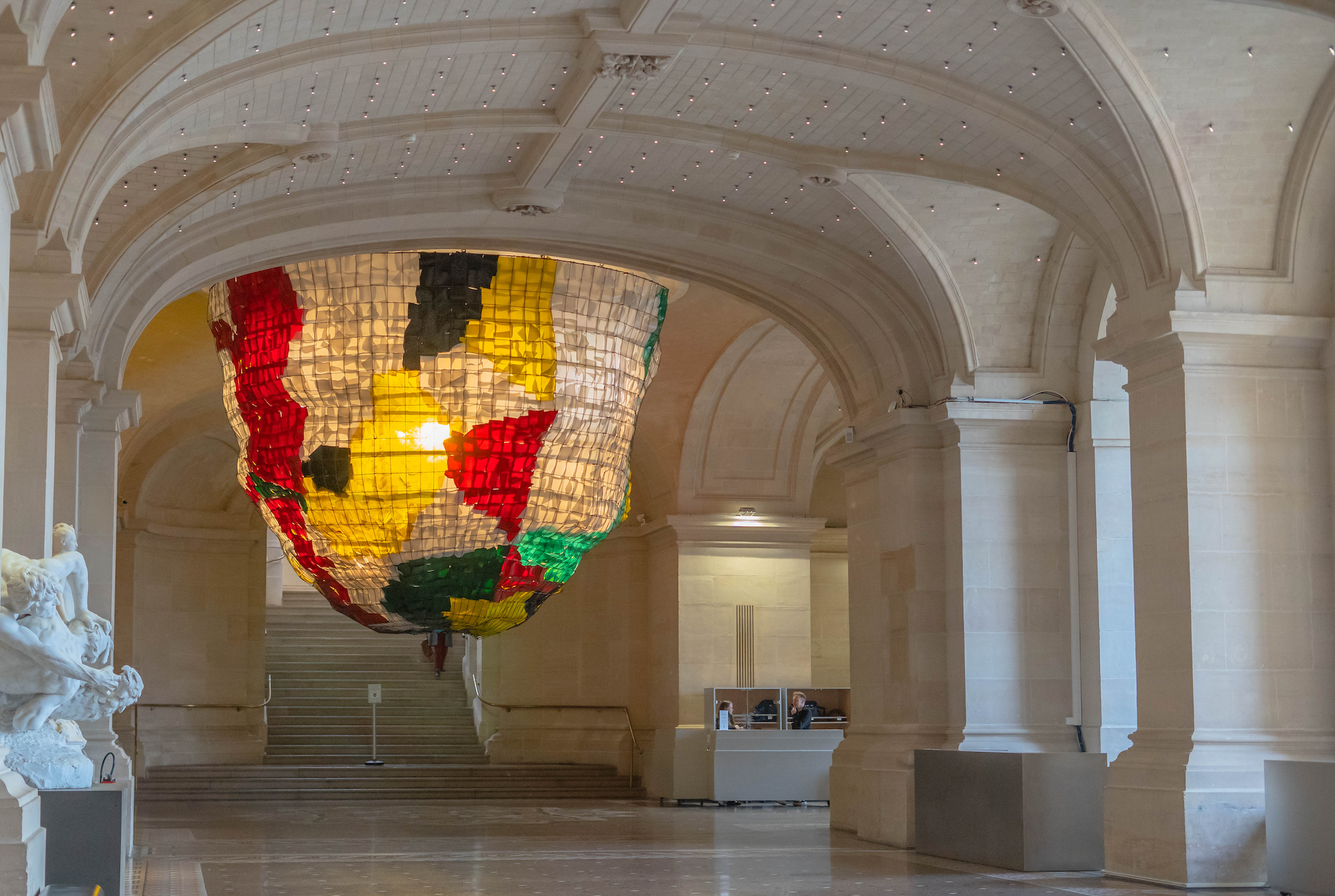 Palais des Beaux-Arts interior with a monumental glass chandelier by Gaetano Pesce