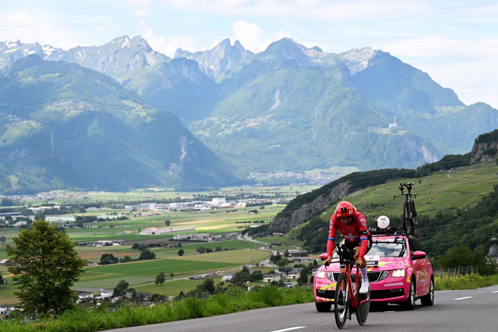 VILLARSSUROLLON SWITZERLAND JUNE 16 Stefan Bissegger of Switzerland and Team EF EducationEasyPost sprints during the 87th Tour de Suisse 2024 Stage 8 a 157km individual time trial stage from Aigle to VillarssurOllon 1249m UCIWT on June 16 2024 in VillarssurOllon Switzerland Photo by Tim de WaeleGetty Images