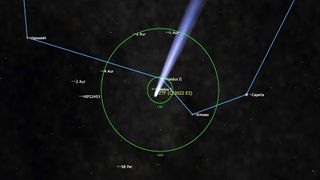 An illustration of the night sky on Feb. 6 depicting comet C/2022 E3 (ZTF) lose to Zeta Aurigae in the Auriga constellation.
