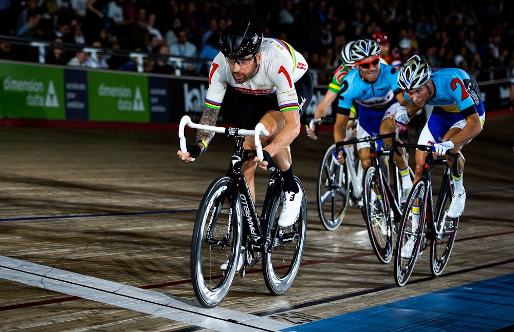 Bradley Wiggins (L) competes in the Madison race on the first day of the London Six Day 2016