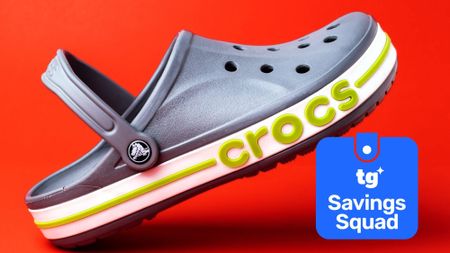 A Crocs clog shown against red backdrop with TG Savings Squad badge