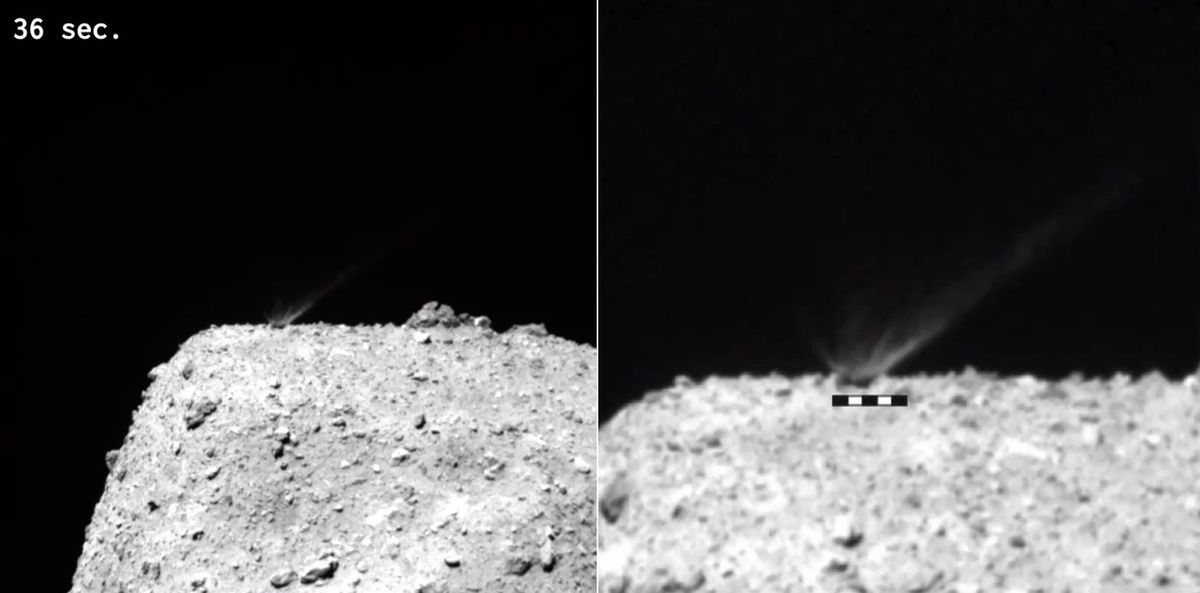 Ejecta curtain growth and deposition on the asteroid Ryugu after Japan&#039;s Hayabusa2 probe slammed an impactor into the space rock in April 2019.