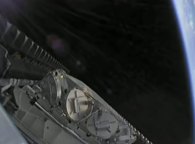This still from a SpaceX launch video shows the 49 Starlink internet satellites stacked in launch position as they are carried into orbit on their Falcon 9 rocket on Feb. 3, 2022.
