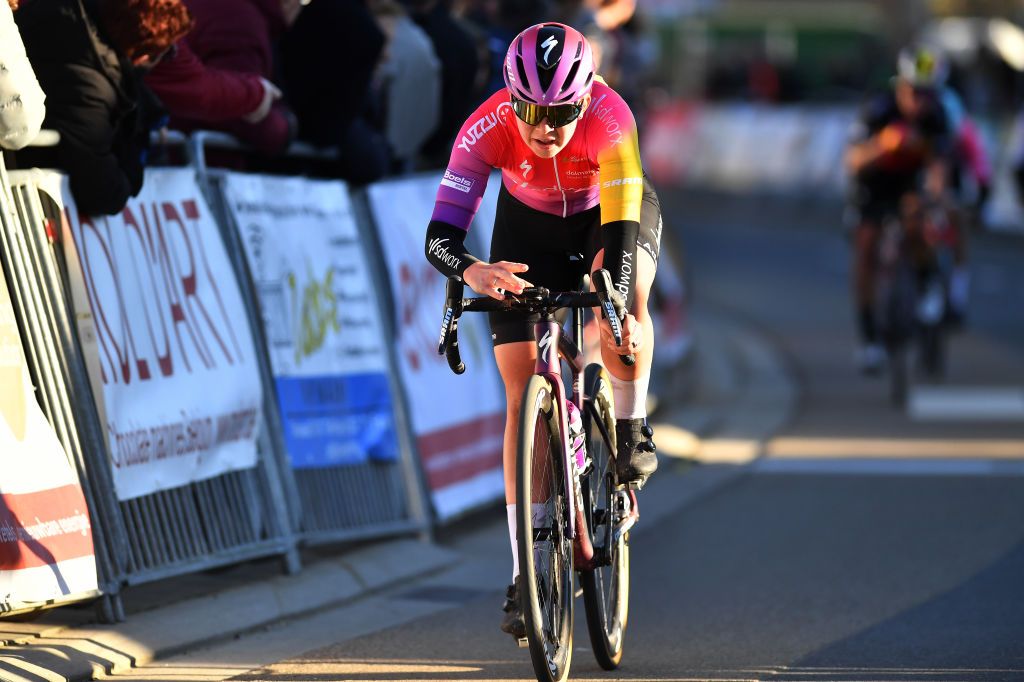 TIELTWINGE BELGIUM FEBRUARY 27 Lonneke Uneken of Netherlands and Team SD Worx crosses the finish line during the 17th Craywinckelhof Omloop van het Hageland 2022 a 1282km race from Tienen to TieltWinge OmloopHageland on February 27 2022 in TieltWinge Belgium Photo by Luc ClaessenGetty Images