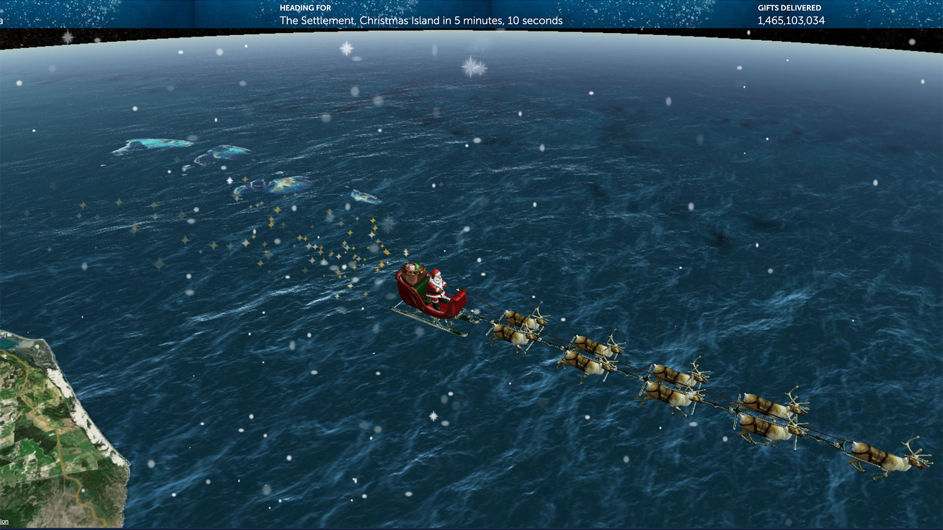 Санта направляется к острову Рождества на трекере NORAD Santa
