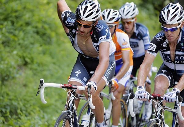 Fabian Cancellara (Saxo Bank) rides at the front of the peloton.