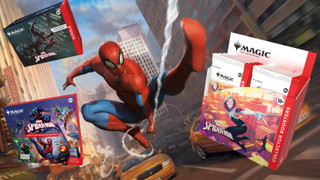 MTG Marvel's Spider-Man set art of Spider-Man swinging in frame, surrounded by MTG Marvel's Spider-Man products