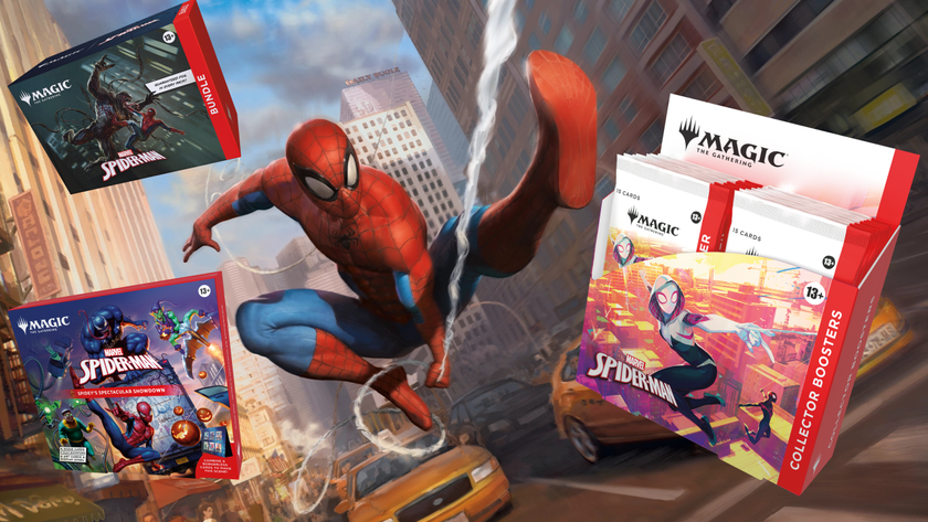 MTG Marvel&#039;s Spider-Man set art of Spider-Man swinging in frame, surrounded by MTG Marvel&#039;s Spider-Man products