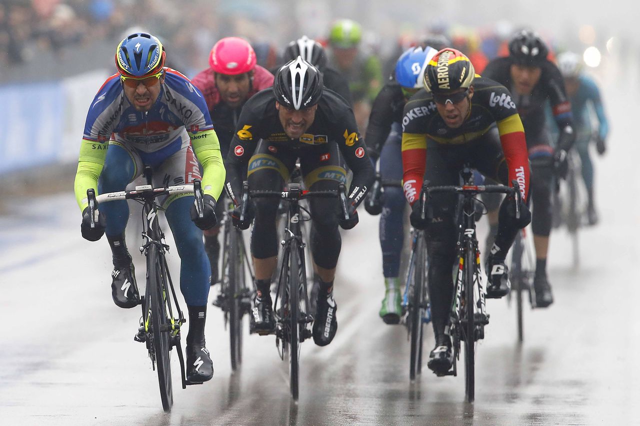 Peter Sagan sees off Gerald Ciolek and Jens Debusschere.