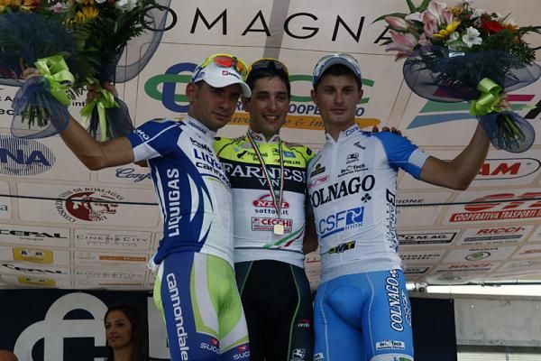 Giro della Romagna podium (l-r): Simone Ponzi, Oscar Gatto and Enrico Battaglin.