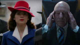 Hayley Atwell pictured in her red hat and blue coat in Agent Carter, and Patrick Stewart pictured as Professor X in Doctor Strange in the Multiverse of Madness, shown side by side.