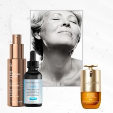 a mature woman framed out next to products to firm loose or sagging skin