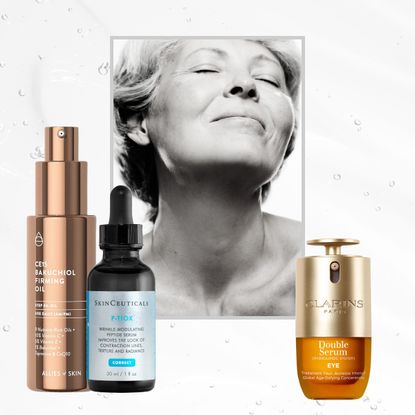 a mature woman framed out next to products to firm loose or sagging skin