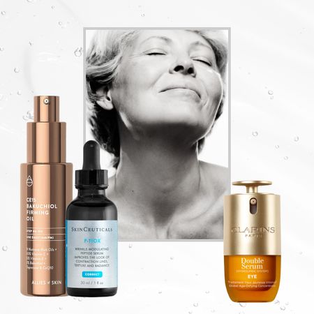 a mature woman framed out next to products to firm loose or sagging skin
