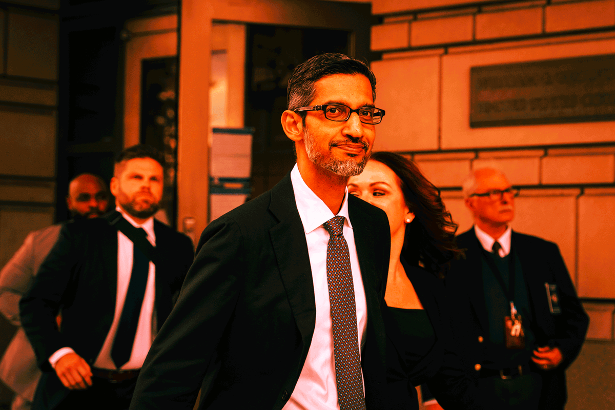 WASHINGTON, DC - OCTOBER 30: Google and Alphabet CEO Sundar Pichai departs federal court on October 30, 2023 in Washington, DC. Pichai testified on Monday to defend his company in the largest antitrust case since the 1990s. The U.S. government is seeking to prove that Alphabet&#039;s Google Inc. maintains an illegal monopoly in the online search business. The trial is expected to last into November. (Photo by Drew Angerer/Getty Images/Future photo illustration)