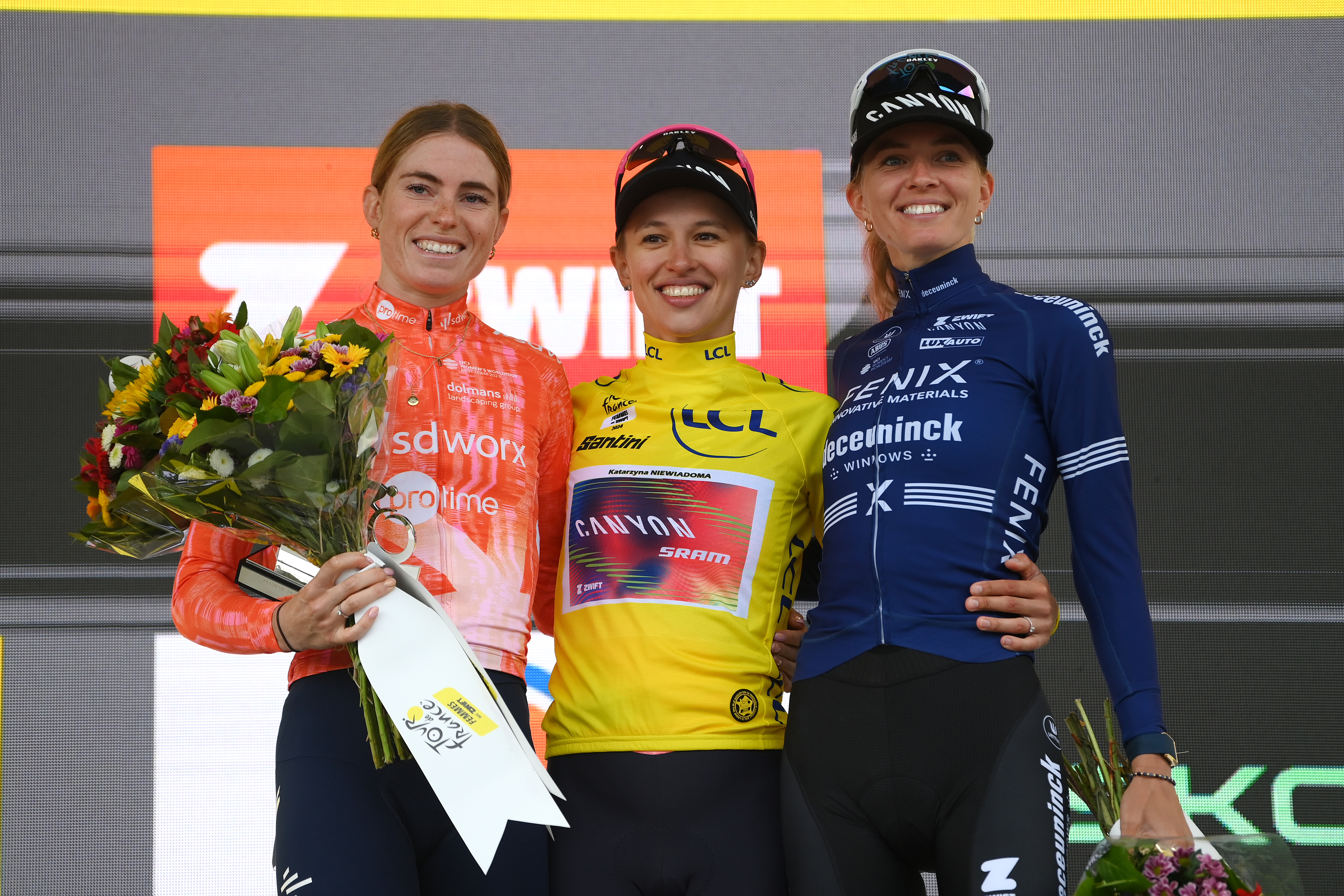 Kasia Niewiadoma in the yellow jersey at the Tour de France Femmes avec Zwift 2024