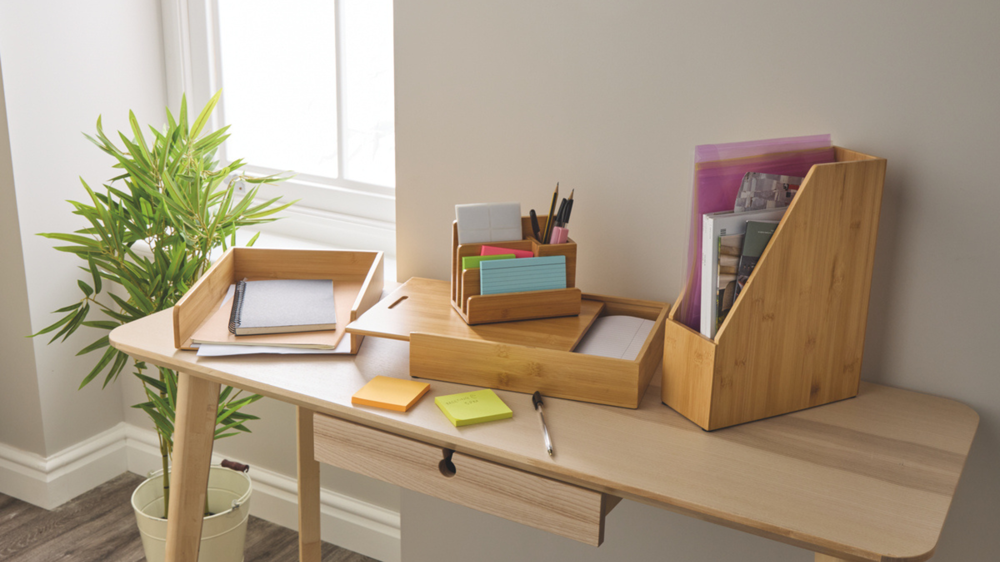 Aldi bamboo desk organisers on a wooden desk