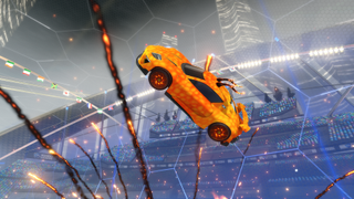 An orange Rocket League car with flaming horns on the top.