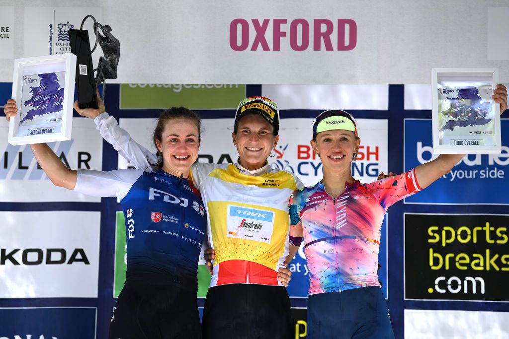 OXFORD ENGLAND JUNE 11 LR Grace Brown of Australia and Team FDJ Nouvelle Aquitaine Futuroscope on second place race winner Elisa Longo Borghini of Italy and Team Trek Segafredo yellow leader jersey and Katarzyna Niewiadoma of Poland and Team CanyonSram Racing on third place pose on the podium ceremony after the t8th The Womens Tour 2022 Stage 6 a 1429km stage from Chipping Norton to Oxford WomensTour UCIWWT on June 11 2022 in Oxford England Photo by Justin SetterfieldGetty Images