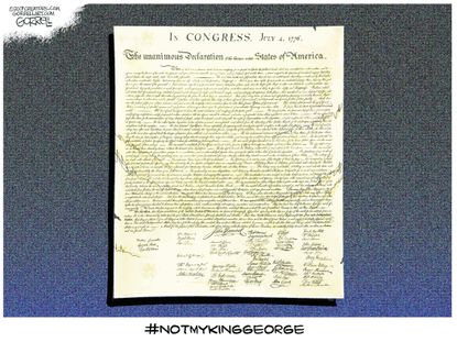 Political cartoon U.S. Trump declaration independence King George Twitter