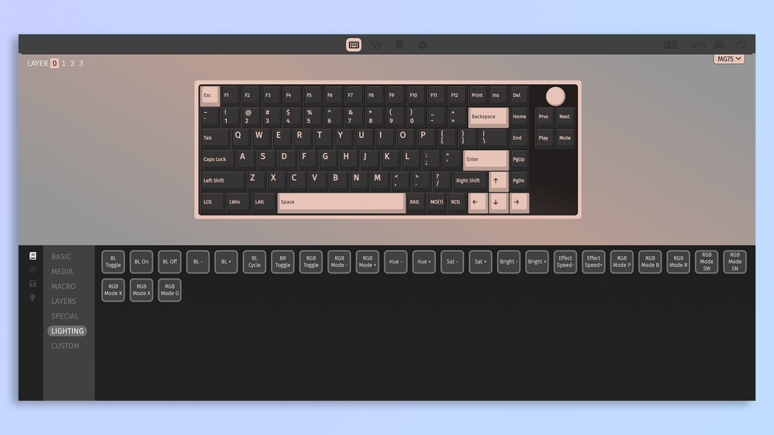 Iqunix Magi75 keyboard being customized via VIA web app