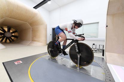 Emma Finucane riding in a wind tunnel