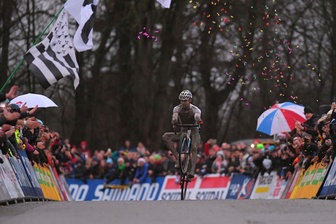 A celebration wheelie from Mathieur van der Poel
