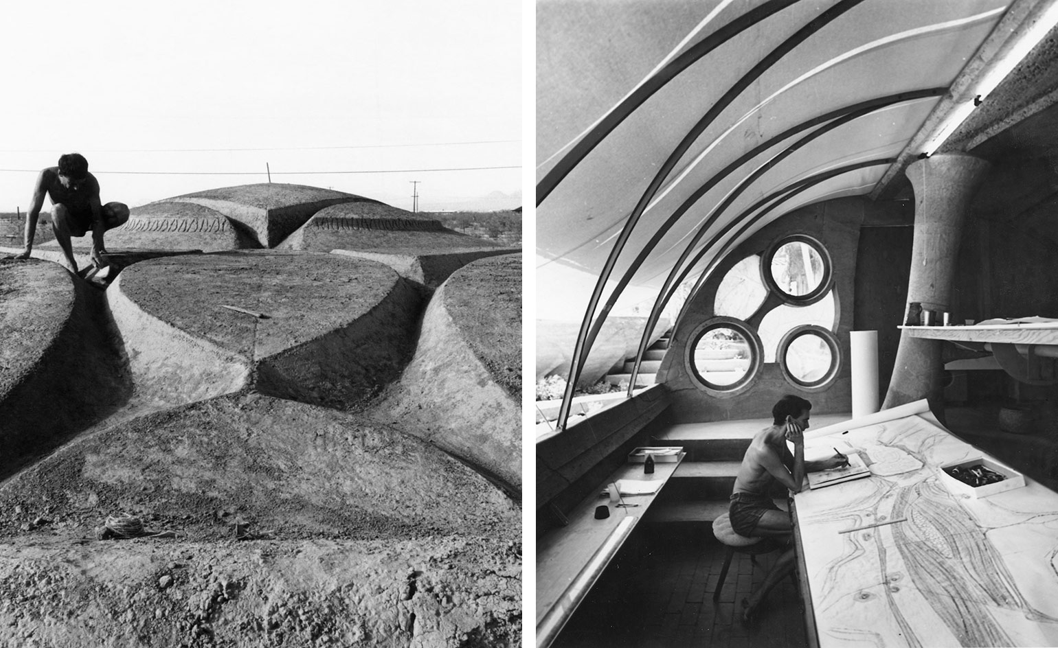 Paolo Soleri carving the earth mound used to cast the North Studio at Cosant and Soleri sketching at his desk