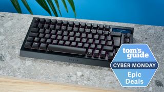 The Razer BlackWidow V4 Pro on a slate surface with a blue background. A Tom's Guide Cyber Monday deal badge is in the bottom right hand corner of the image.