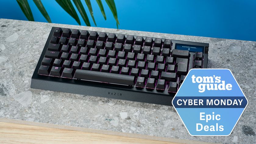 The Razer BlackWidow V4 Pro on a slate surface with a blue background. A Tom&#039;s Guide Cyber Monday deal badge is in the bottom right hand corner of the image.