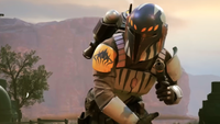 Zero Company Mandalorian Warrior holding gun looking to the left
