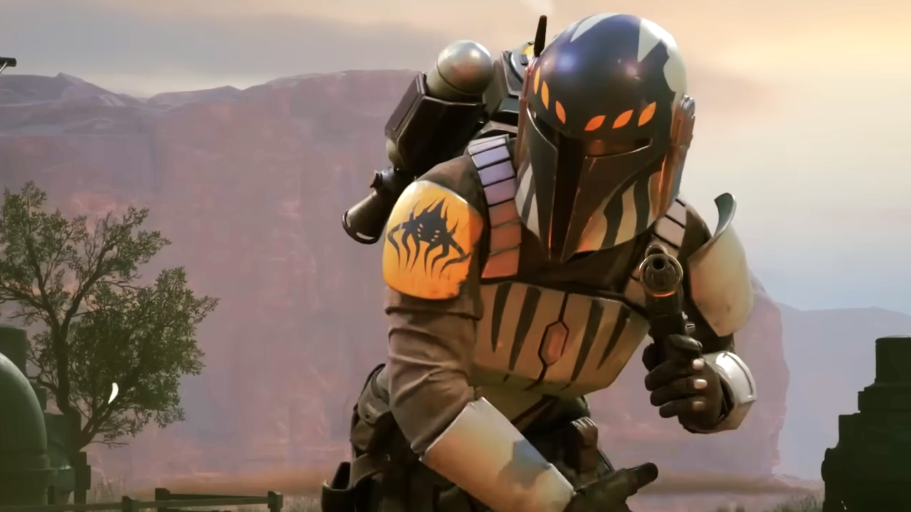 Zero Company Mandalorian Warrior holding gun looking to the left