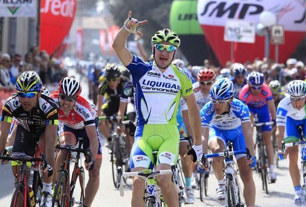 Elia Viviani (Liquigas - Cannondale) celebrates a stage win.