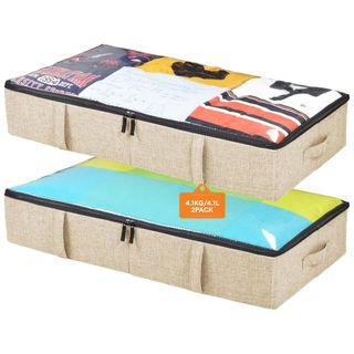 Beige underbed storage boxes with clear lids