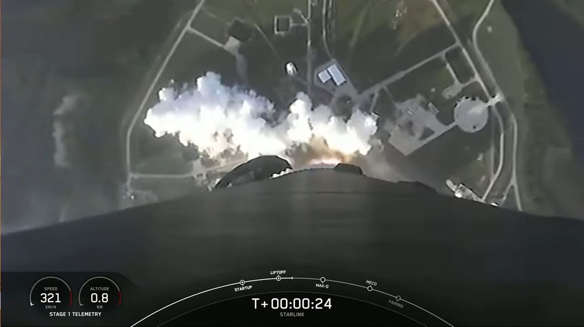 A view from the Falcon 9 rocket looking down at NASA's Kennedy Space Center after SpaceX's Starlink 27 launch.