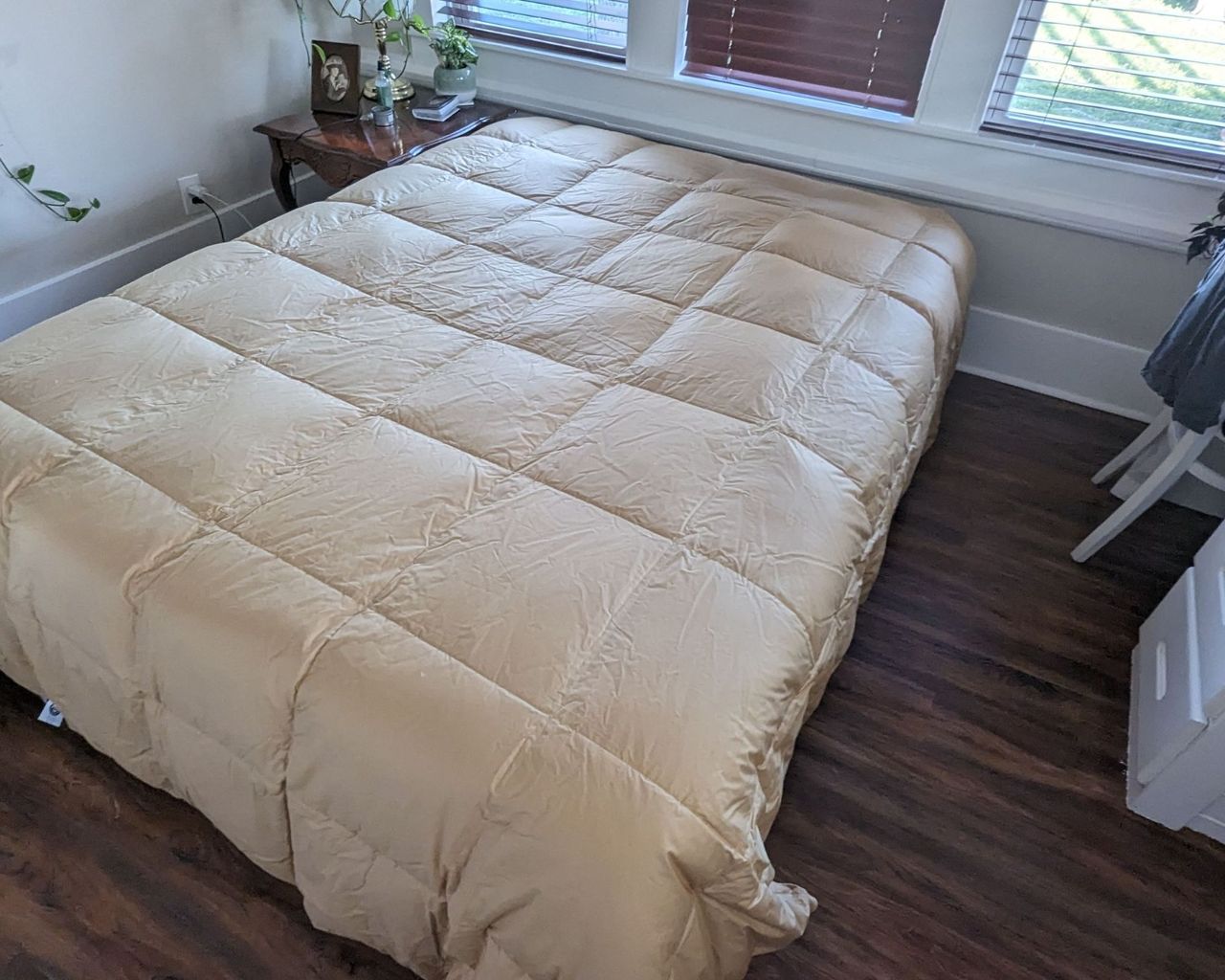 The LaCrosse&trade; Premium Down Light Warmth Comforter is pictured on a bed, without pillows. The bed is in a room with dark wood flooring, and on the far wall, you can see three windows with slatted blinds. Beside the bed, to the left is a wooden bedside table with plants and miscellaneous ornaments, and to the right, two white chair legs and a white chest of drawers are seen.
