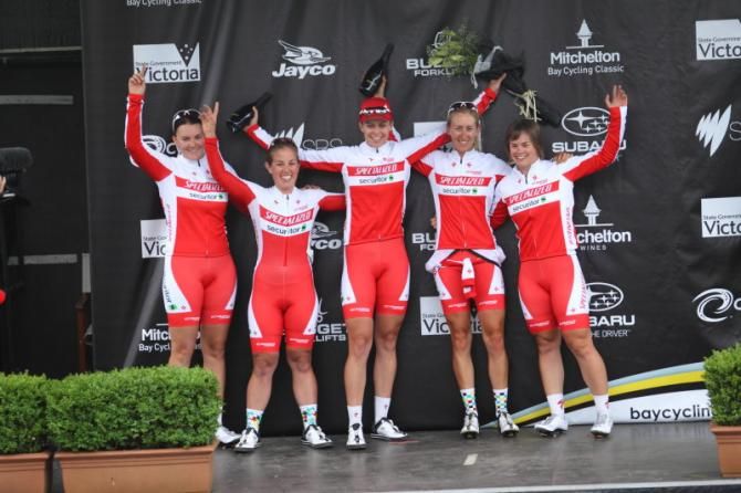 Kimberley Wells and Specialized-Securitor on the podium - they lead on team classification
