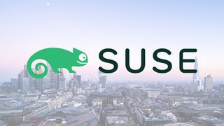 SUSE logo in the foreground of a London cityscape
