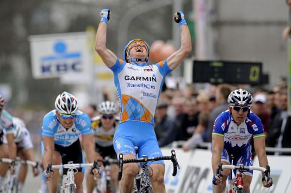 Tyler Farrar (Garmin-Transitions) celebrates his sprint win in Schoten.