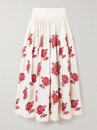 Vanessa Pleated Embroidered Cotton-Poplin Maxi Skirt