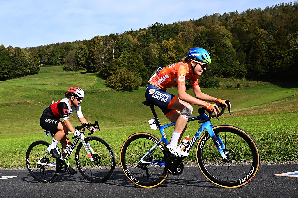 SENCUR, SLOVENIA - OCTOBER 02: (L-R) Mara Winter and Team Switzerland and Megan Arens and Team Netherlands ccmduring the 32nd UEC Road Cycling European Championships 2026, Women&amp;amp;apos;s U23 Road Race a 88.4km one day race from Sencur to Sencur on October 02, 2026 in Sencur, Slovenia. (Photo by Szymon Gruchalski/Getty Images)