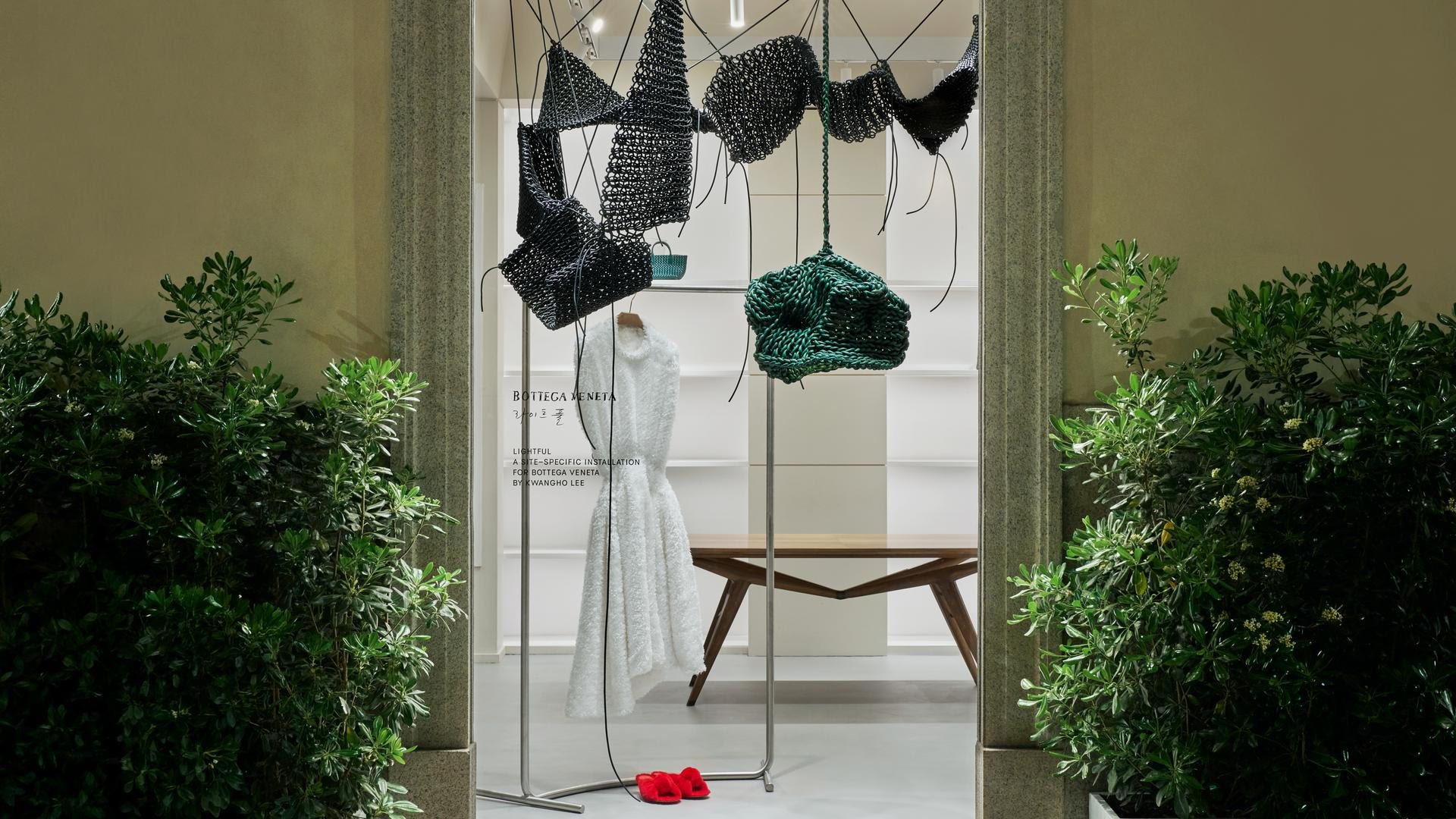 Woven leather forms at Bottega Veneta showroom