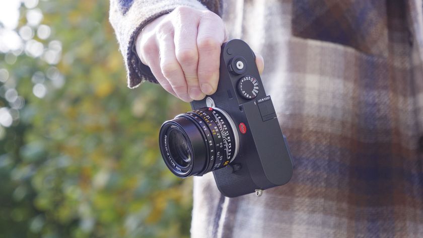 Leica M EV1 camera in user&#039;s hands, autumn leaf backdrop 