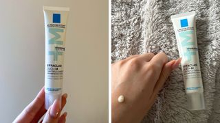 Collage of pics of the La Roche-Posay Effaclar Duo+M (L-R) Hand holding the product and swatch of the cream on the back of the hand