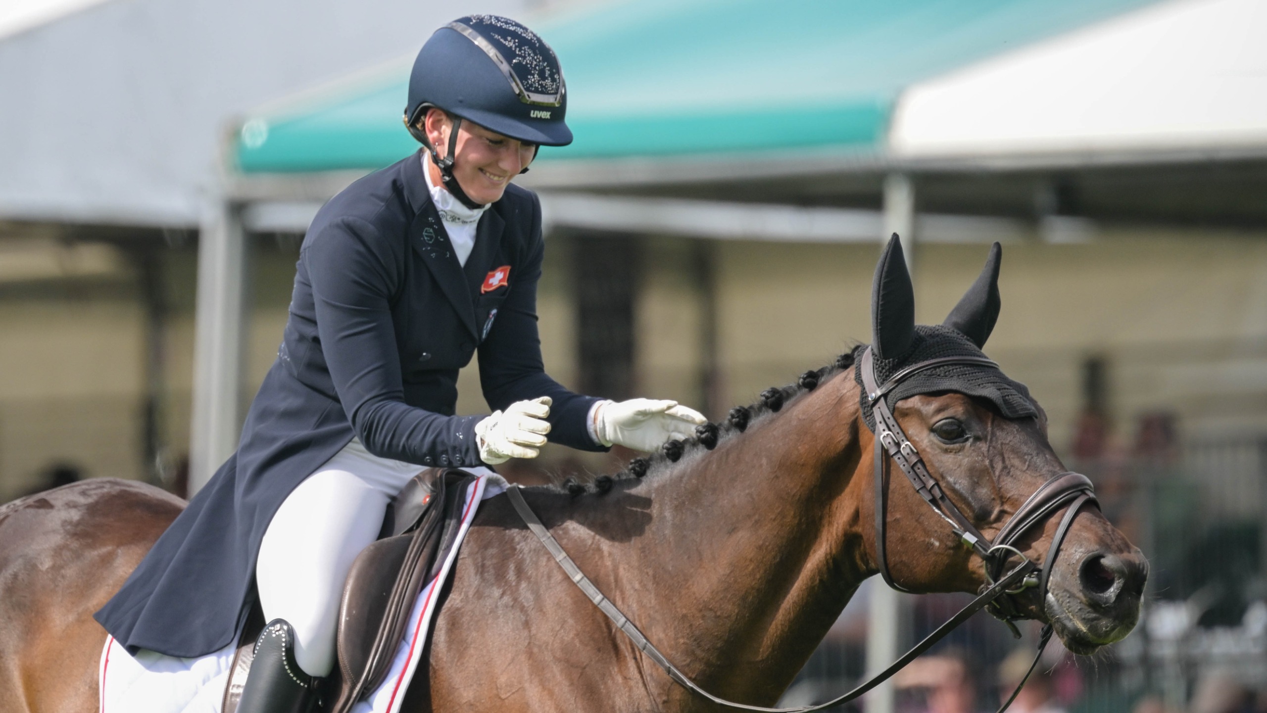 Nadja Minder and Toblerone after their dressage test at Burghley
