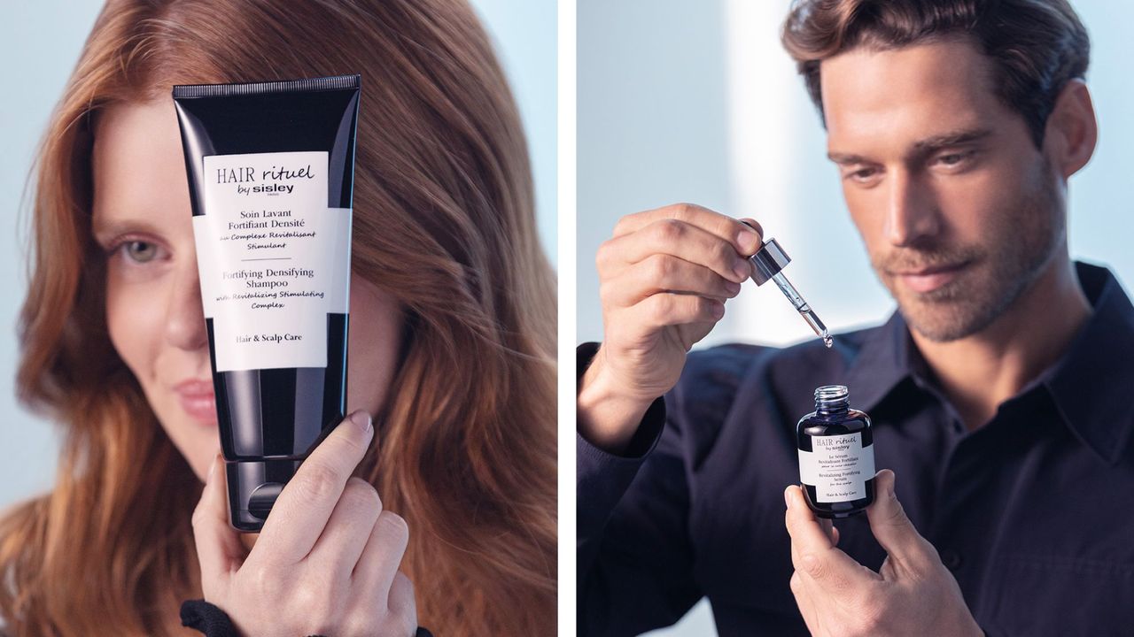 a woman and man using the Hair Rituel by Sisley duo