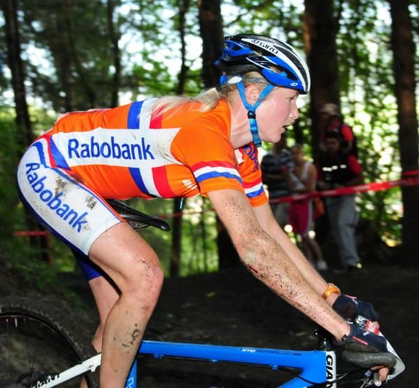 Robobank rider descending a gully
