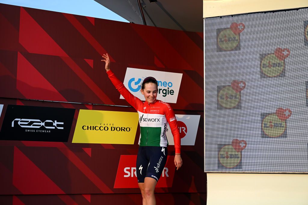WEINFELDEN SWITZERLAND JUNE 17 Kata Blanka Vas of Hungary and Team SD Worx celebrates at podium as stage winner during the 3rd Tour de Suisse Women 2023 Stage 1 a 56km stage from Weinfelden to Weinfelden UCIWWT on June 17 2023 in Weinfelden Switzerland Photo by Dario BelingheriGetty Images