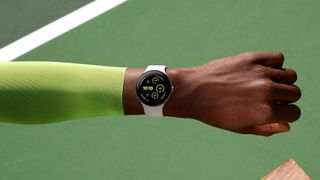 A press photo of the Google Pixel Watch 3 worn on an athlete&#039;s wrist